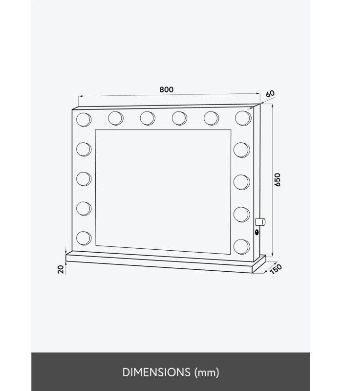 plan du miroir à maquillage LED blanc avec dimensions 80 × 65 cm