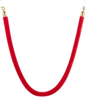 Red velvet rope 150 cm with gold hooks on white background, stanchion rental by 126 Events
