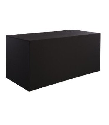 Buffet pliant avec housse noire tendue en polyester et élasthanne, installé sur fond blanc.