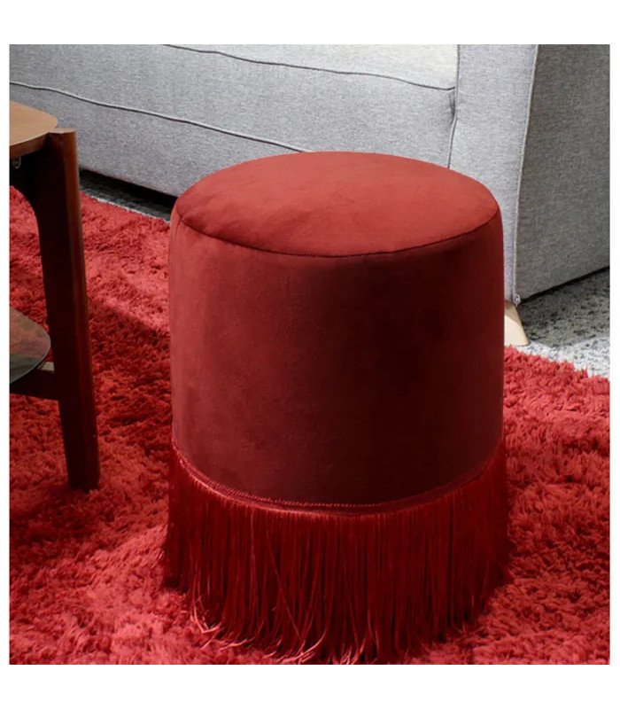 Red velvet fringed pouffe