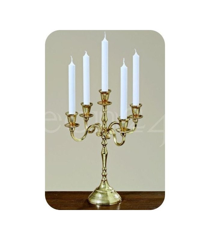 5-branch gold candlestick, height 40 cm, placed on a table.