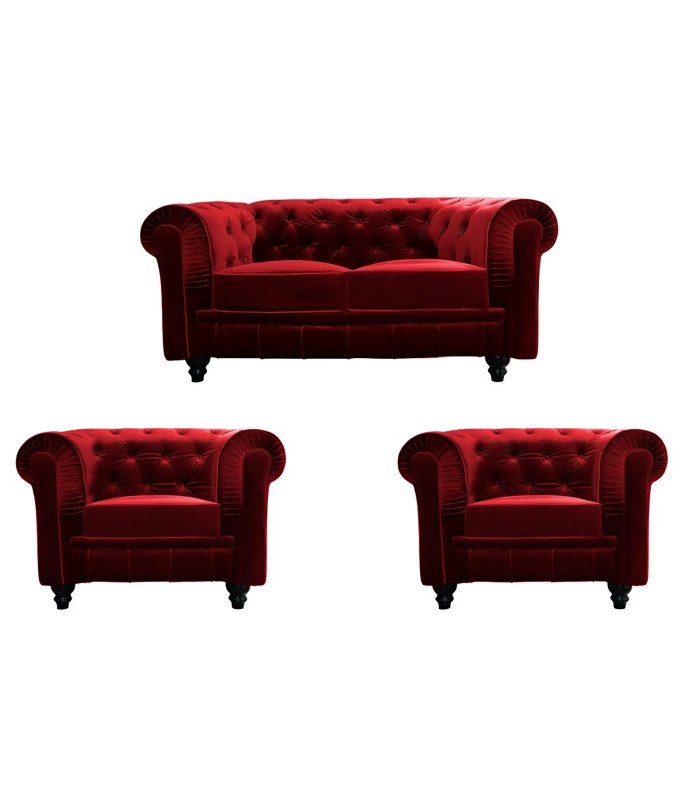 Pack mobilier Chesterfield velours rouge avec canapé 2 places et fauteuils assortis sur fond blanc