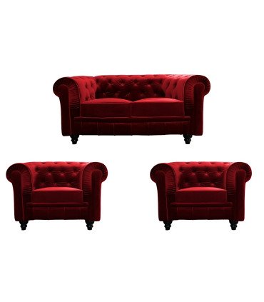 Pack mobilier Chesterfield velours rouge avec canapé 2 places et fauteuils assortis sur fond blanc