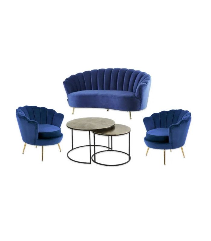 Pack canapé coquillage en velours bleu océan, en location par Location Mobilier Paris