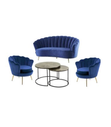 Pack canapé coquillage en velours bleu océan, en location par Location Mobilier Paris