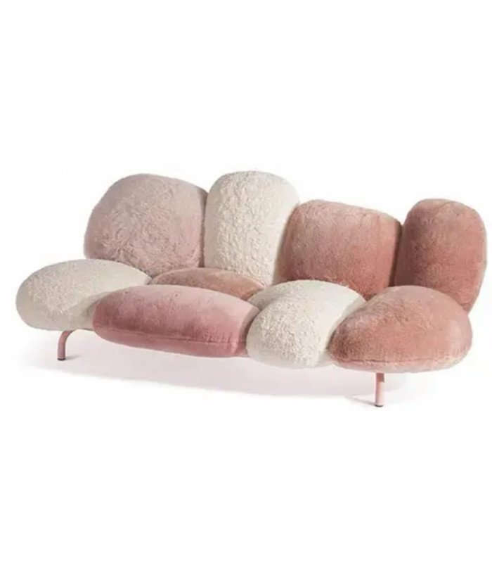 Pink fur sofa from the 70s available to rent from 126 Events