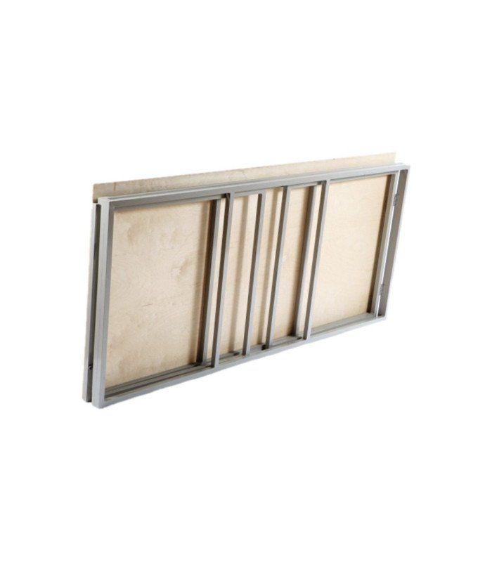 Buffet pliant replié sur fond blanc, vue de côté, structure pliante prête au transport