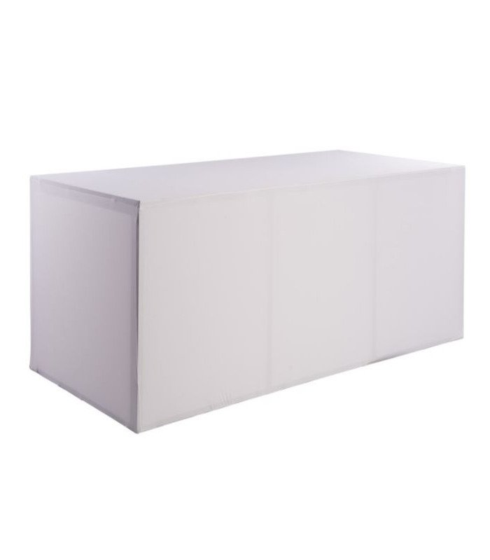 Buffet pliant avec housse blanche installée, vue de face, textile tendu, mobilier sobre pour réception