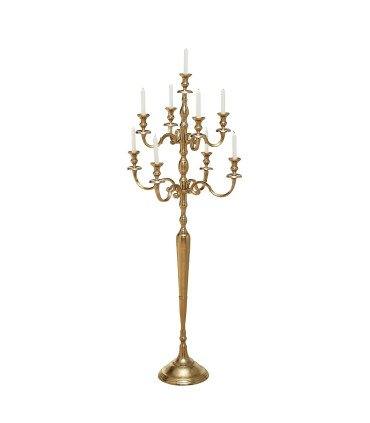 180 cm tall gold-plated metal candlestick presented on a white background
