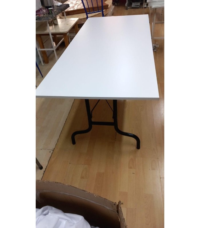180 cm x 80 cm rectangular folding table unfolded with white wooden top and metal frame