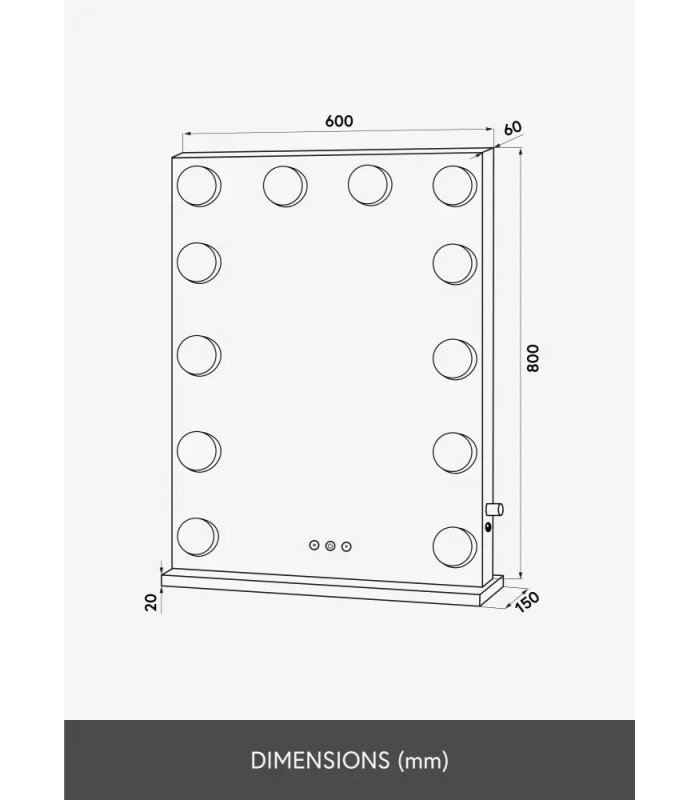 Dimensions du miroir lumineux sans cadre 60 x 80 cm et de sa base à poser sur table, à louer à Paris avec 126 Events