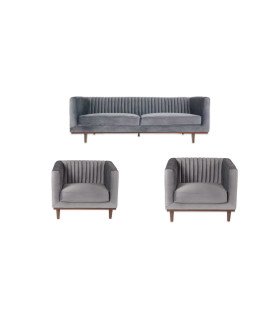 Pack velours gris à louer chez 126 Events: canapé 3 places et 2 fauteuils assortis sur pieds en bois, présentés sur fond blanc