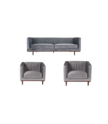 Pack velours gris à louer chez 126 Events: canapé 3 places et 2 fauteuils assortis sur pieds en bois, présentés sur fond blanc