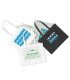 Four custom shopping bags laid flat, each with a different logo and color, for trade show booths