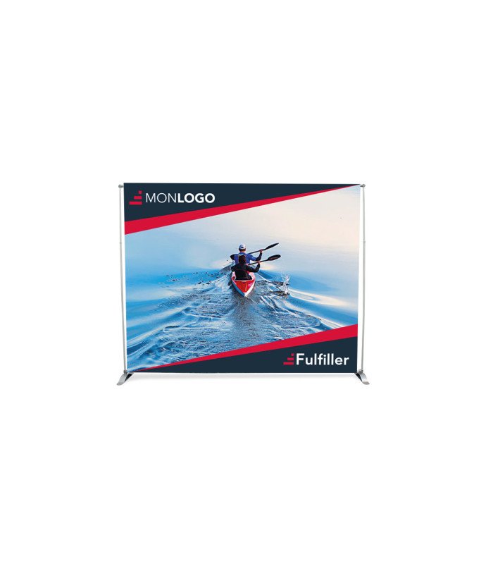 M1 trade show backdrop 240 x 300 cm set up and custom printed with a brand logo, sold by 126 Events