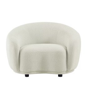 Front view of an ivory white bouclé armchair with rounded back and wooden legs, available for rental at 126 Events