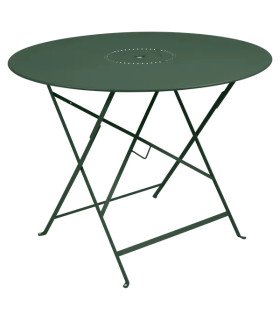 Table ronde pliante en métal Floréal Ø 96 cm vert cèdre, plateau perforé et trou de parasol, location 126 Events