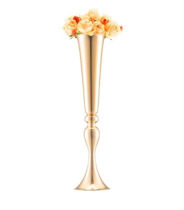 Gold trumpet vase H 55 cm filled with orange roses, centerpiece rental from Location Mobilier Paris