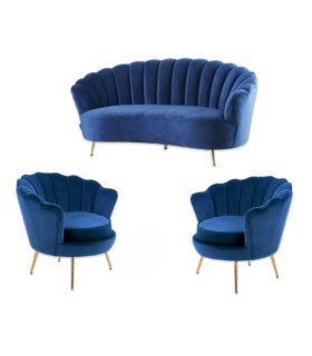 Blue shell-patterned furniture set with a sofa and armchairs for an event lounge area