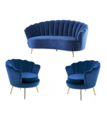 Blue shell-patterned furniture set with a sofa and armchairs for an event lounge area