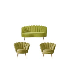 Olive green shell-patterned furniture set with a sofa and two armchairs for events