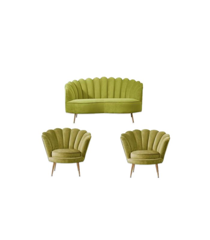 Olive green shell-patterned furniture set with a sofa and two armchairs for events