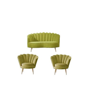 Olive green shell-patterned furniture set with a sofa and two armchairs for events