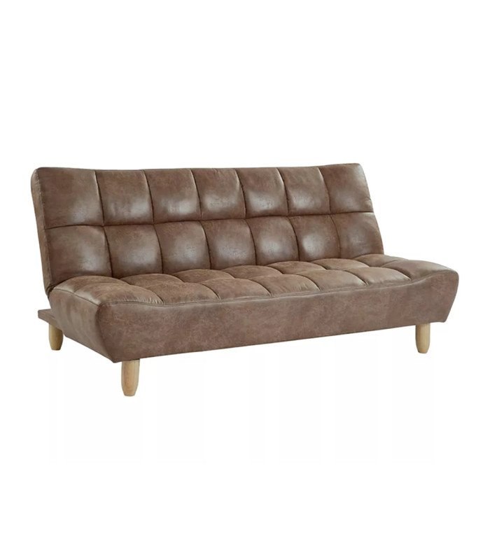 Canapé clic-clac cognac 3 places effet cuir vieilli et capitonné, en position assise sur fond blanc pour un espace lounge