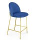 Blue velvet bar chair with gold metal legs, side view on white background