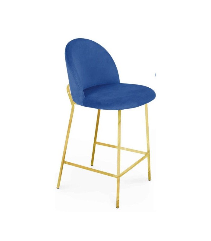 Chaise de bar en velours bleu avec pieds métal doré, vue de côté sur fond blanc