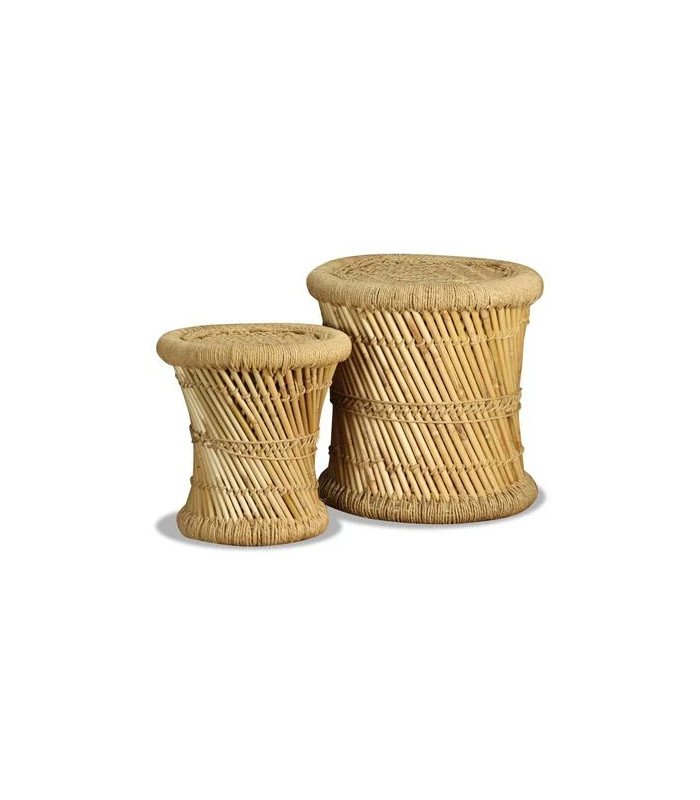 Alona round pouf made of rattan, bamboo, and jute, available in two sizes on a white background
