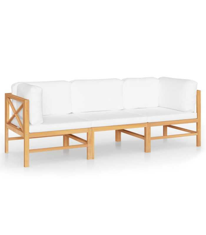 Canapé jardin 3 places modulable en teck massif avec coussins écrus dans un salon événementiel