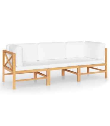 Canapé jardin 3 places modulable en teck massif avec coussins écrus dans un salon événementiel