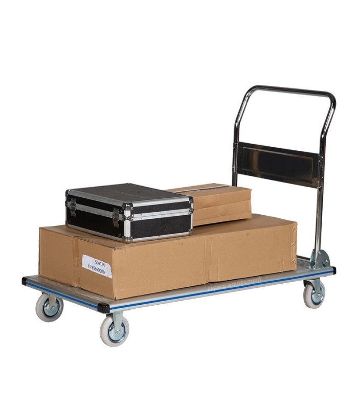 Chariot de manutention aluminium 400 kg chargé de cartons et d’équipements pour logistique événementielle