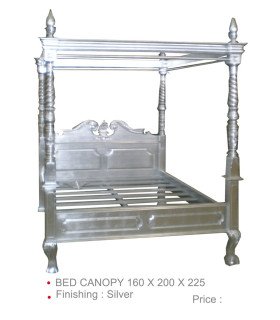 Silver wooden canopy bed rental