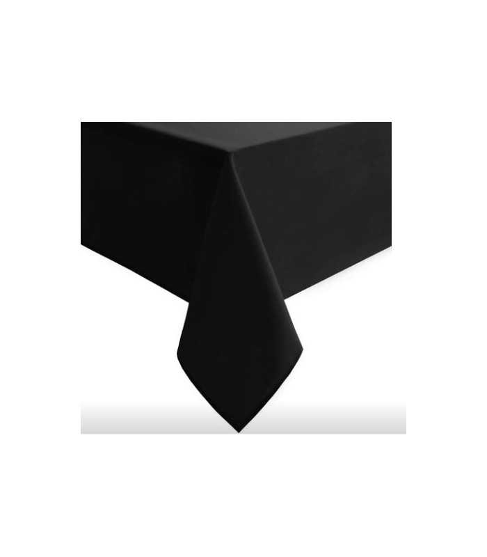 Nappe noire rectangulaire en coton 230 × 130 cm installée sur une table, fond blanc.