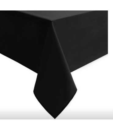 Rectangular black cotton tablecloth 230 × 130 cm, white background.