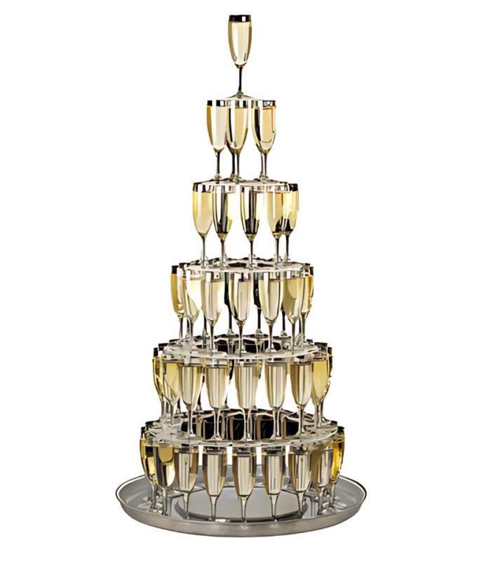Cascade à champagne 79 flûtes Elégance – structure transparente en plastique sur plateau sur fond blanc