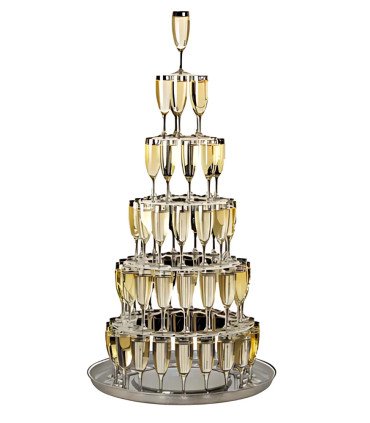 Cascade à champagne 79 flûtes Elégance – structure transparente en plastique sur plateau sur fond blanc