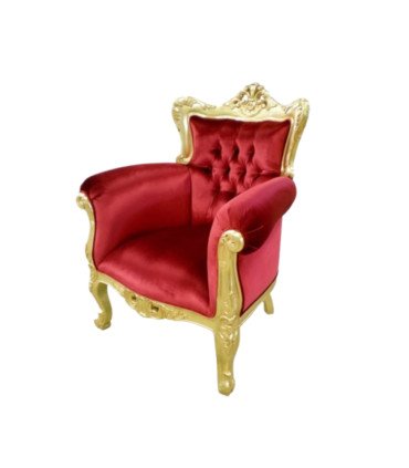Trône Prince doré et velours rouge présenté seul sur fond blanc.