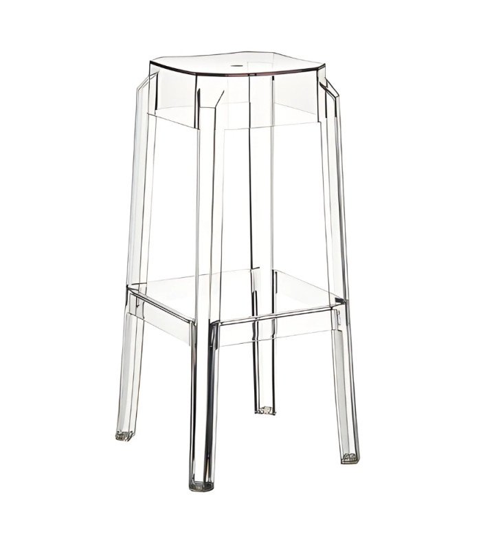 Chaise de bar transparente assise 75 cm en polycarbonate, vue de côté sur fond blanc.