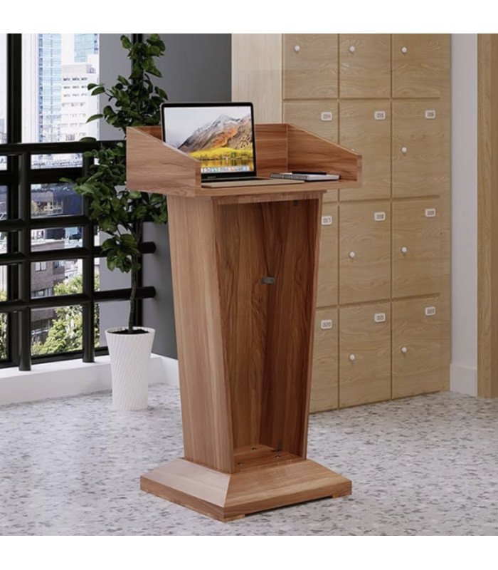Brown wooden conference lectern in an event reception area
