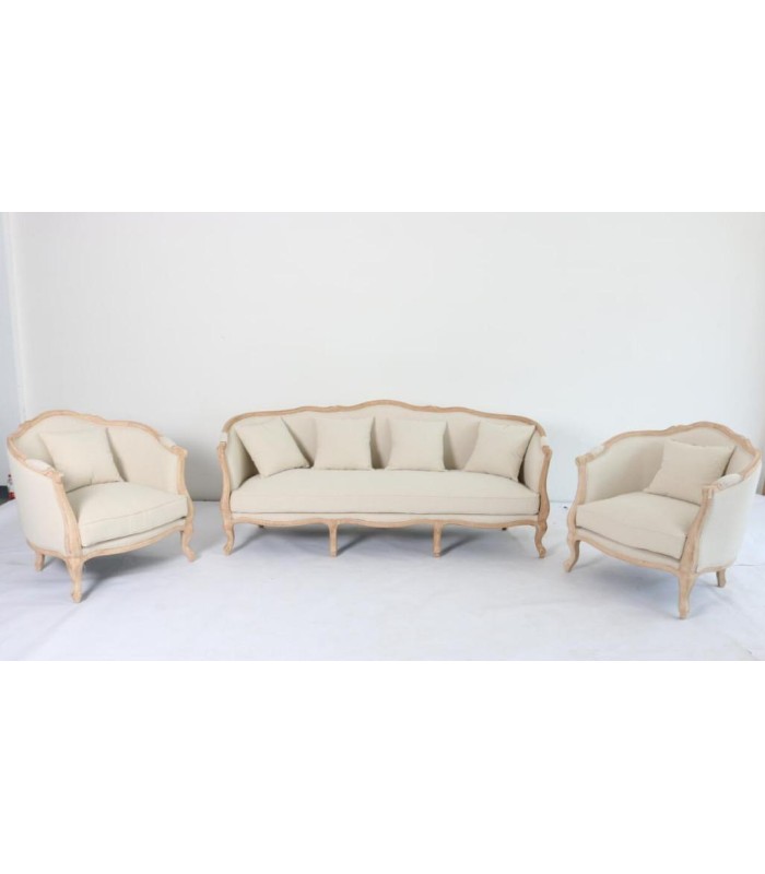 Canapé Versailles en lin beige avec fauteuil assorti sur fond blanc