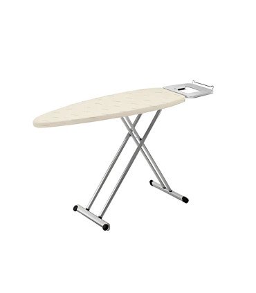 Folding metal ironing board with white cover on white background