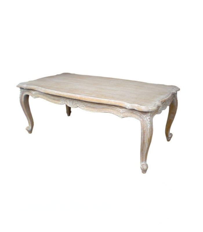 Table basse cérusée style Louis XV 120 x 60 cm sur fond blanc