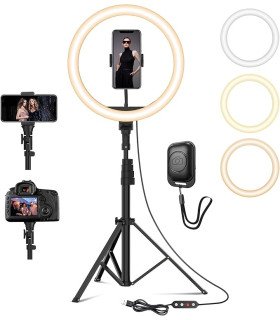 Black LED ring light, Ø 30 cm, with tripod—available for rent at 126 Events