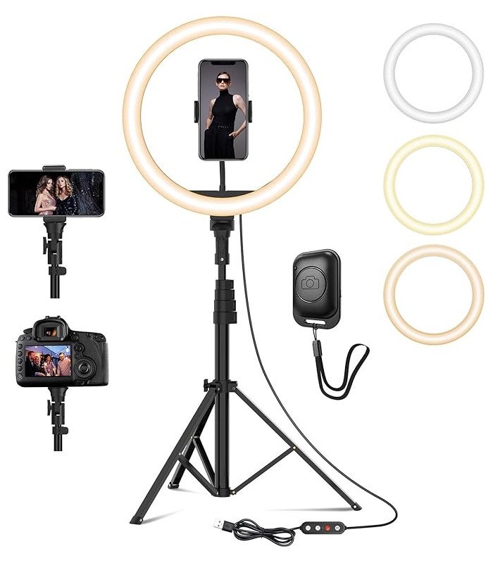 Black LED ring light, Ø 30 cm, with tripod—available for rent at 126 Events