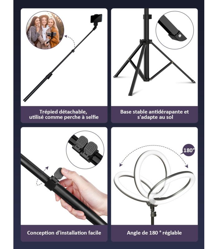 Ring light LED avec trépied H 163 cm pour vidéo et réseaux sociaux