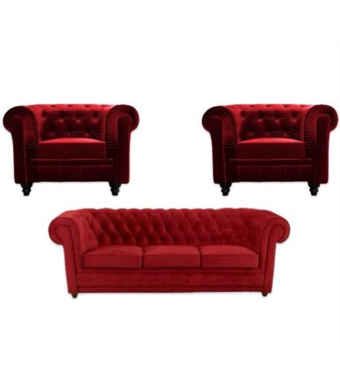 Pack chesterfield velours rouge canapé + 2 fauteuils vue de face sur fond blanc