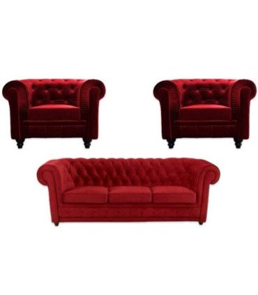 Pack chesterfield velours rouge canapé + 2 fauteuils vue de face sur fond blanc